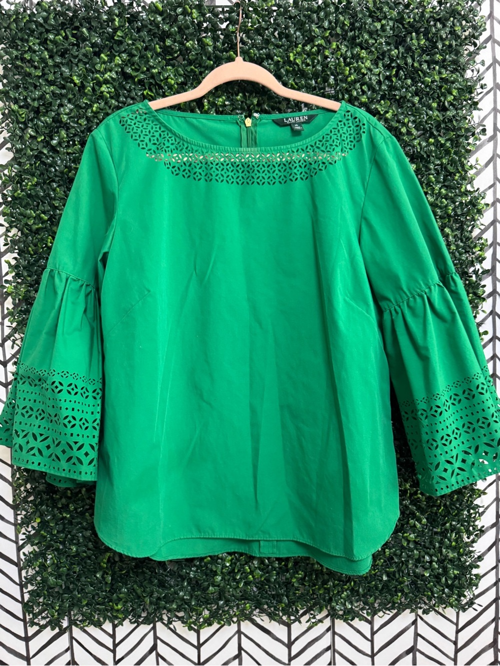 Lauren Ralph Lauren Emerald Green Laser-Cut Bell Sleeve Blouse